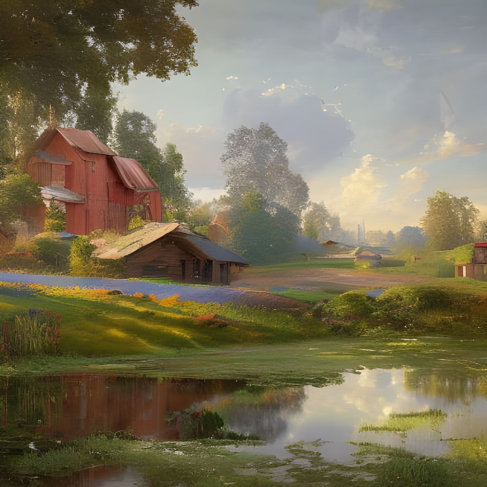 Colorful Farmhouses in Surreal Landscape