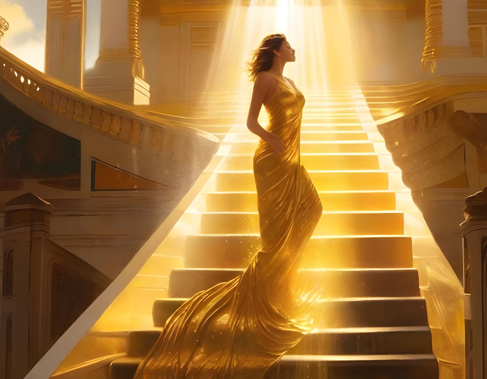 Golden Cascade: Woman Illuminated by Sunlight