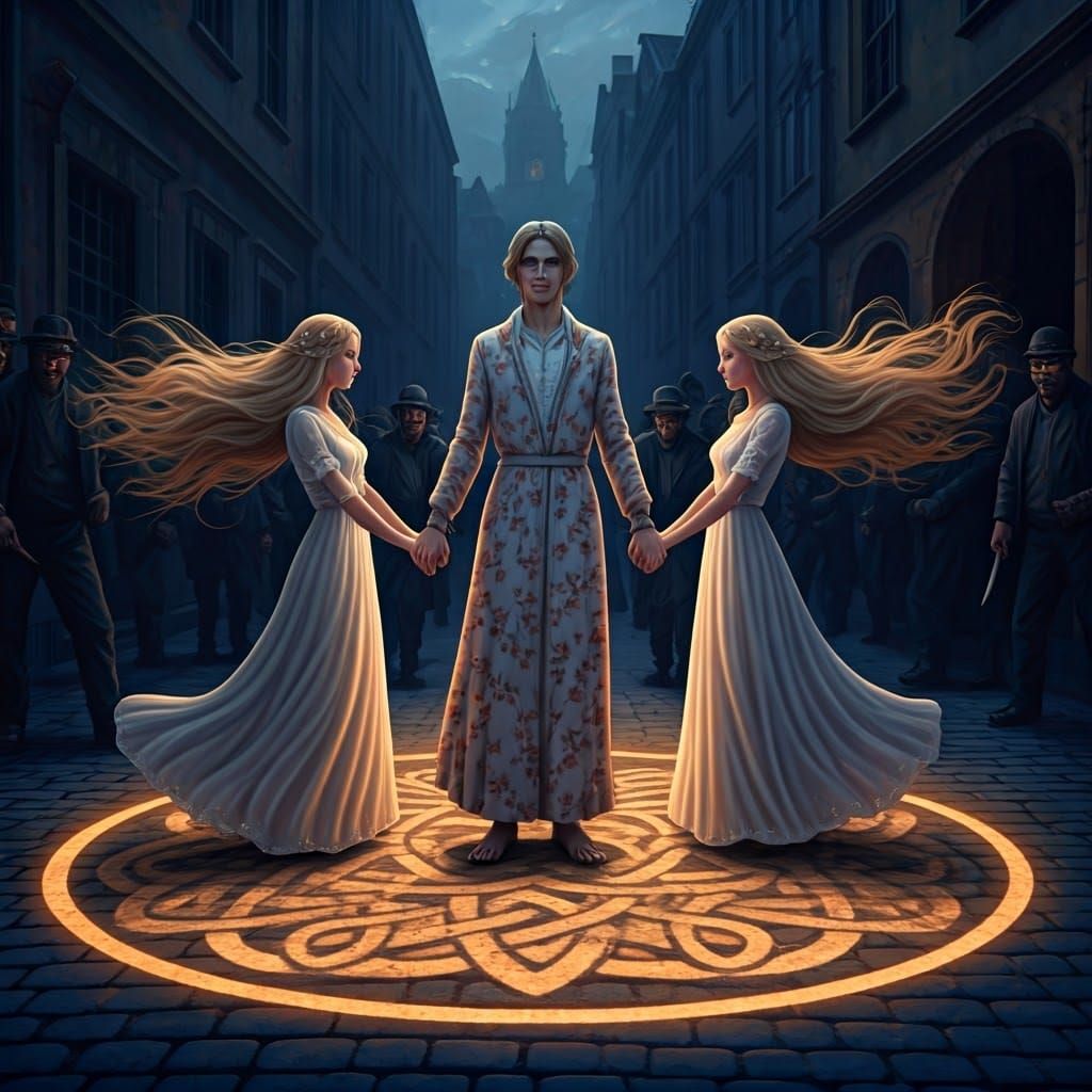 Fair-Skinned Goddesses Protect a Man in Elegant Evening Atti...