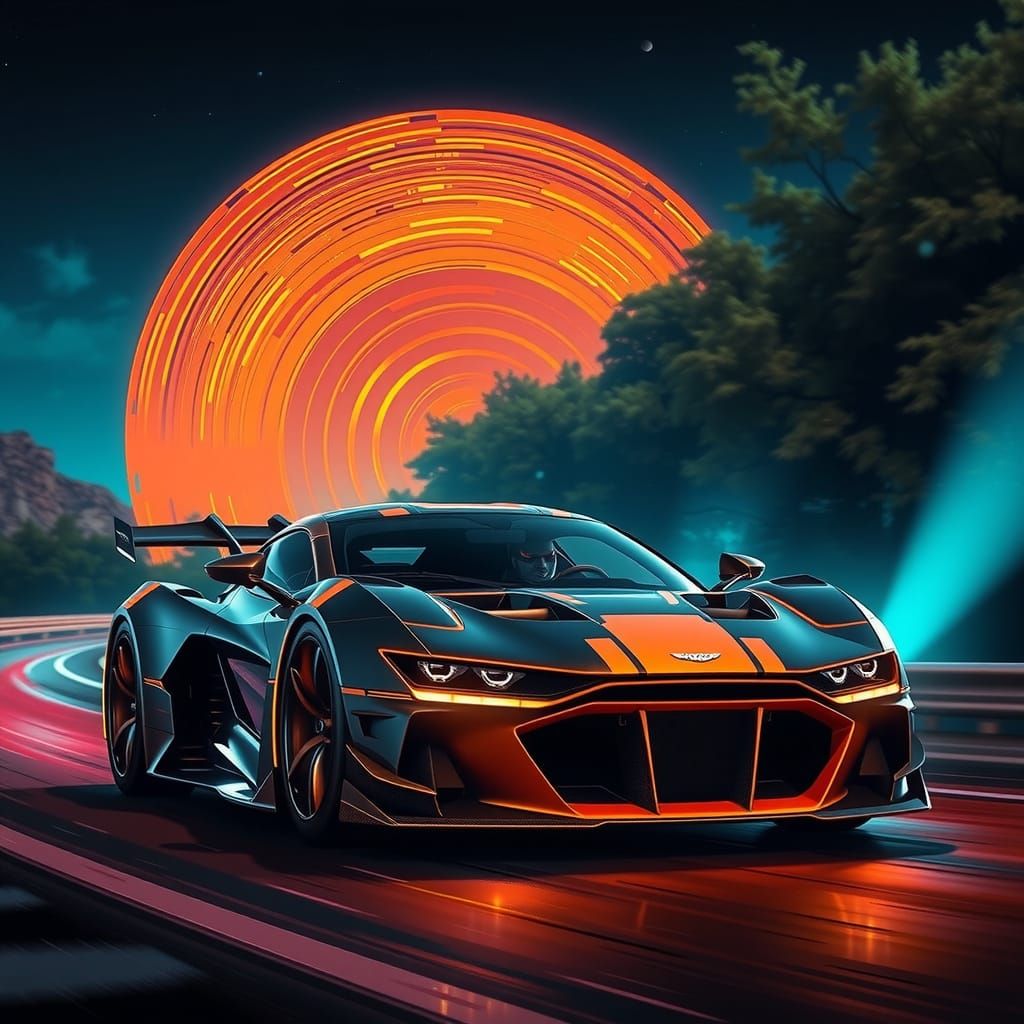 Neon Supercar Races Mountain Road: Digital Art