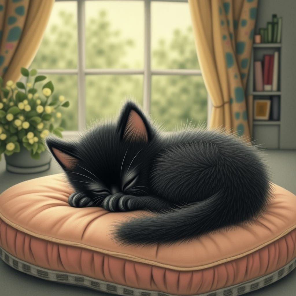 Fluffy Black Kitten Asleep on Velvet Cushion