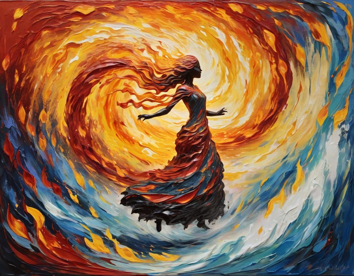 Impasto Figure in Fiery Vortex Hallucination