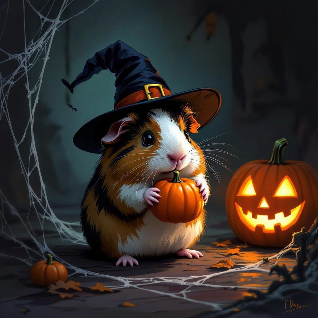 Spooky Guinea Pig in Gothic Halloween Scene