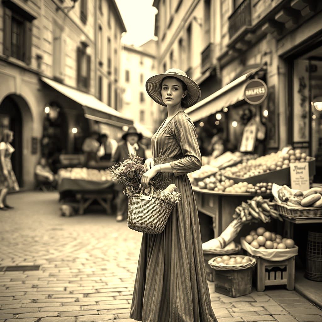 Vintage French Street Market Scene in Bokeh Lighting