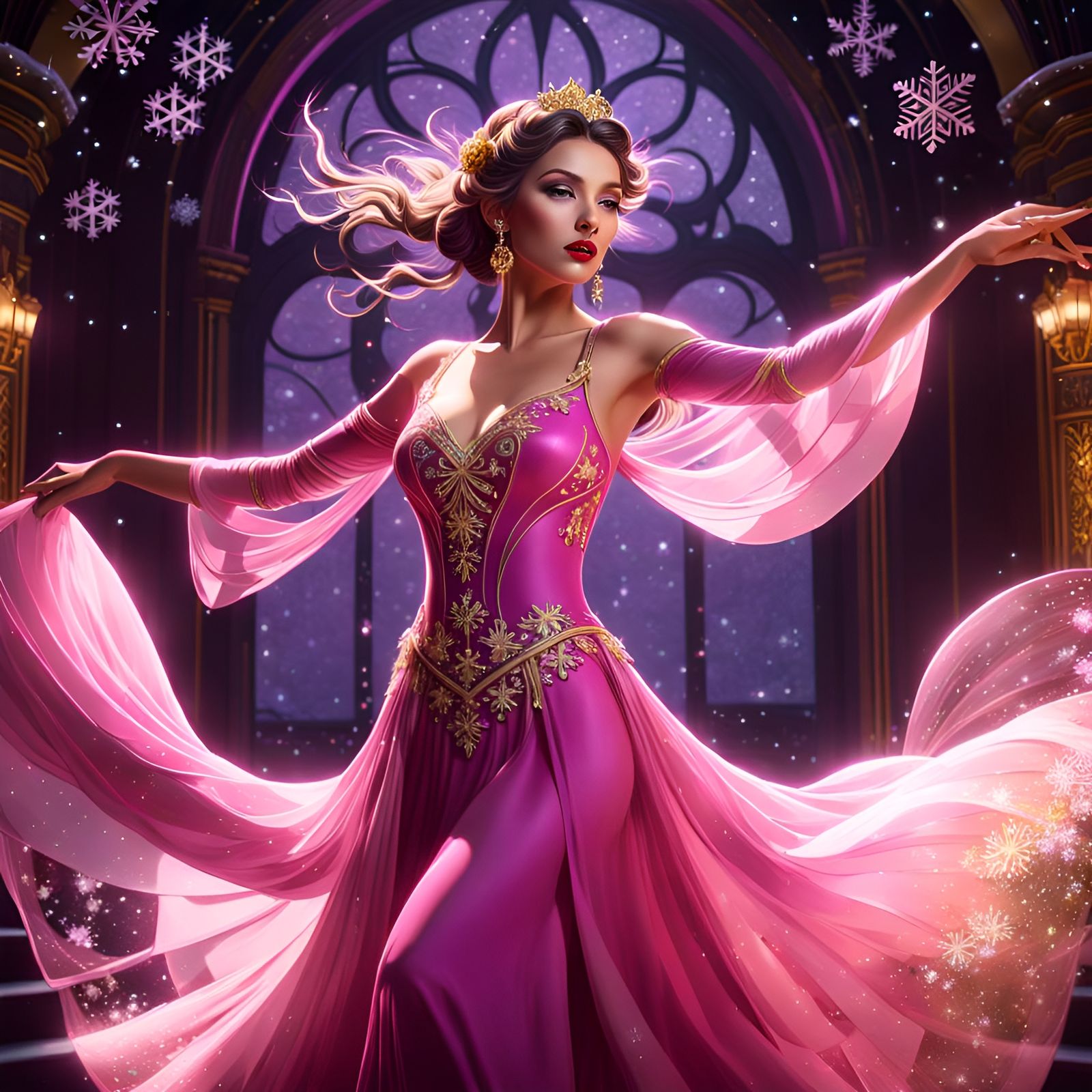 Woman Dancing with Snowflakes in Dark Fantasy Style