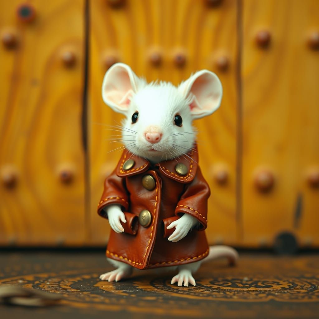 Whimsical White Mouse in Leather Coat, Inspired by Beatrix P...