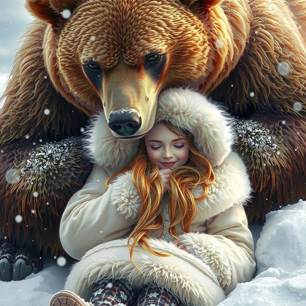 Grizzly Bear Tenderly Holds Young Girl in Winter Wonderland