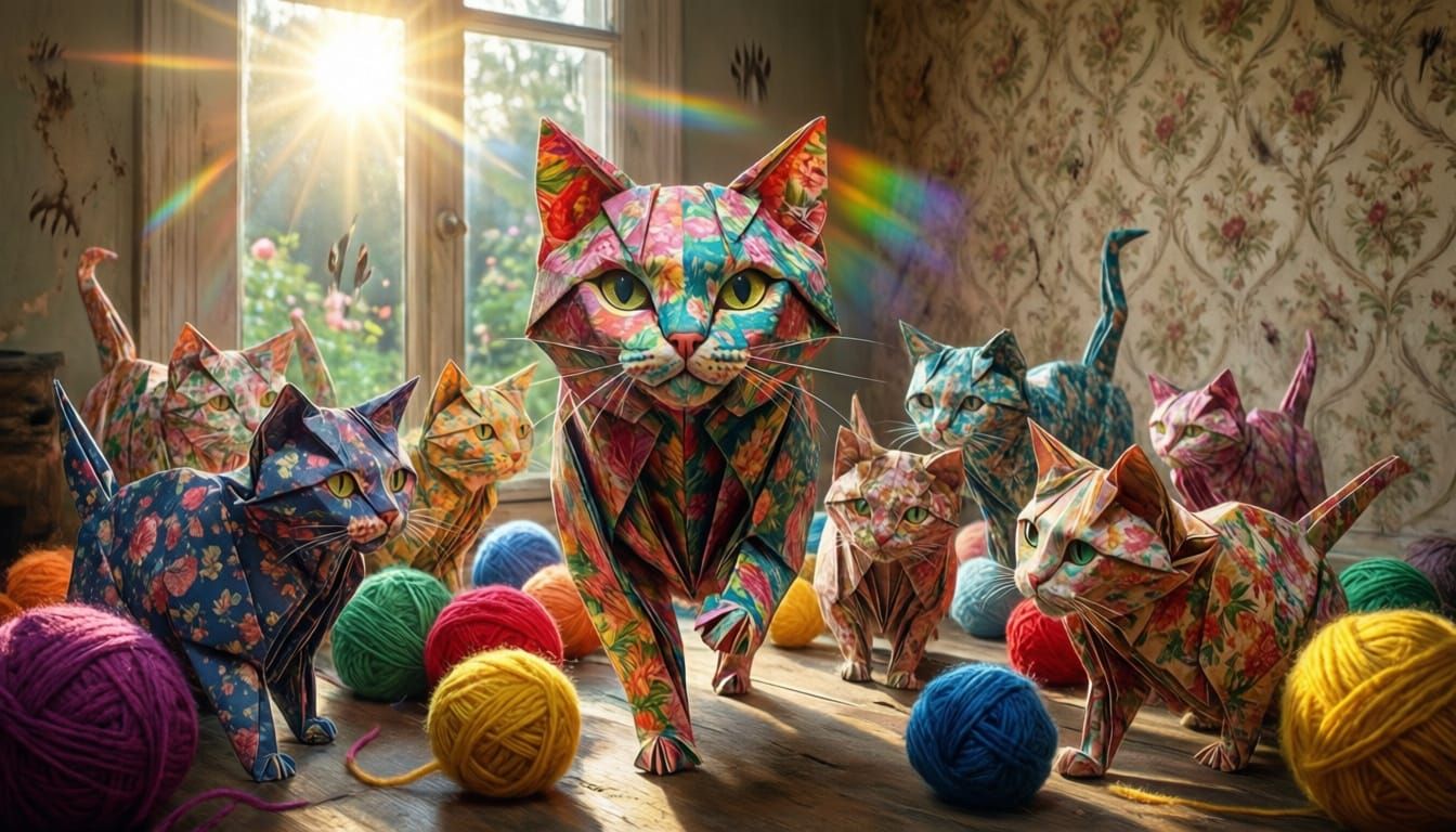 Origami Cats Playing with Yarn Balls in Sunlit Garden