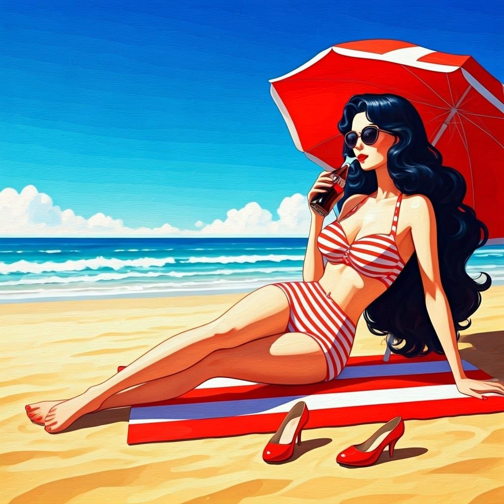 Vintage Swimsuit Beauty on Vibrant Summer Beach in Anime Sty...
