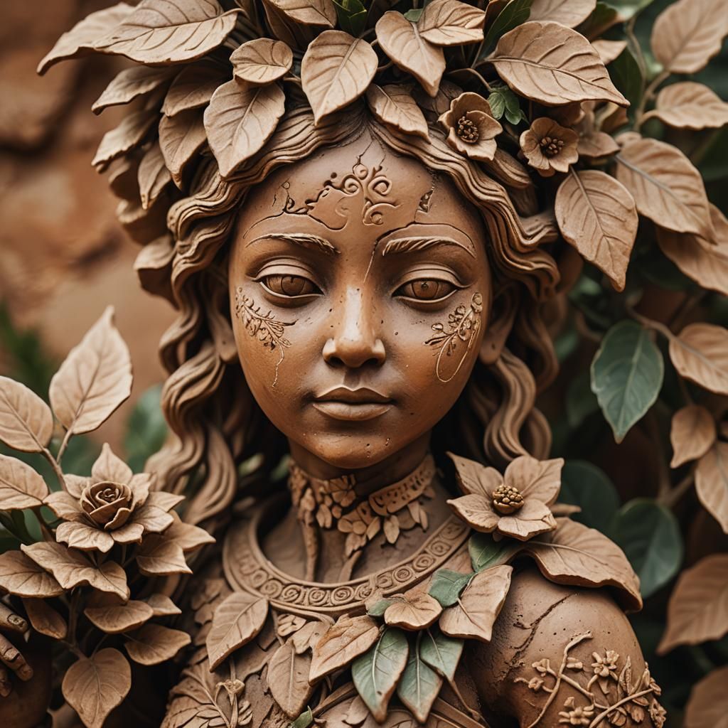 Terracotta Figurine with Flower in Golden Light
