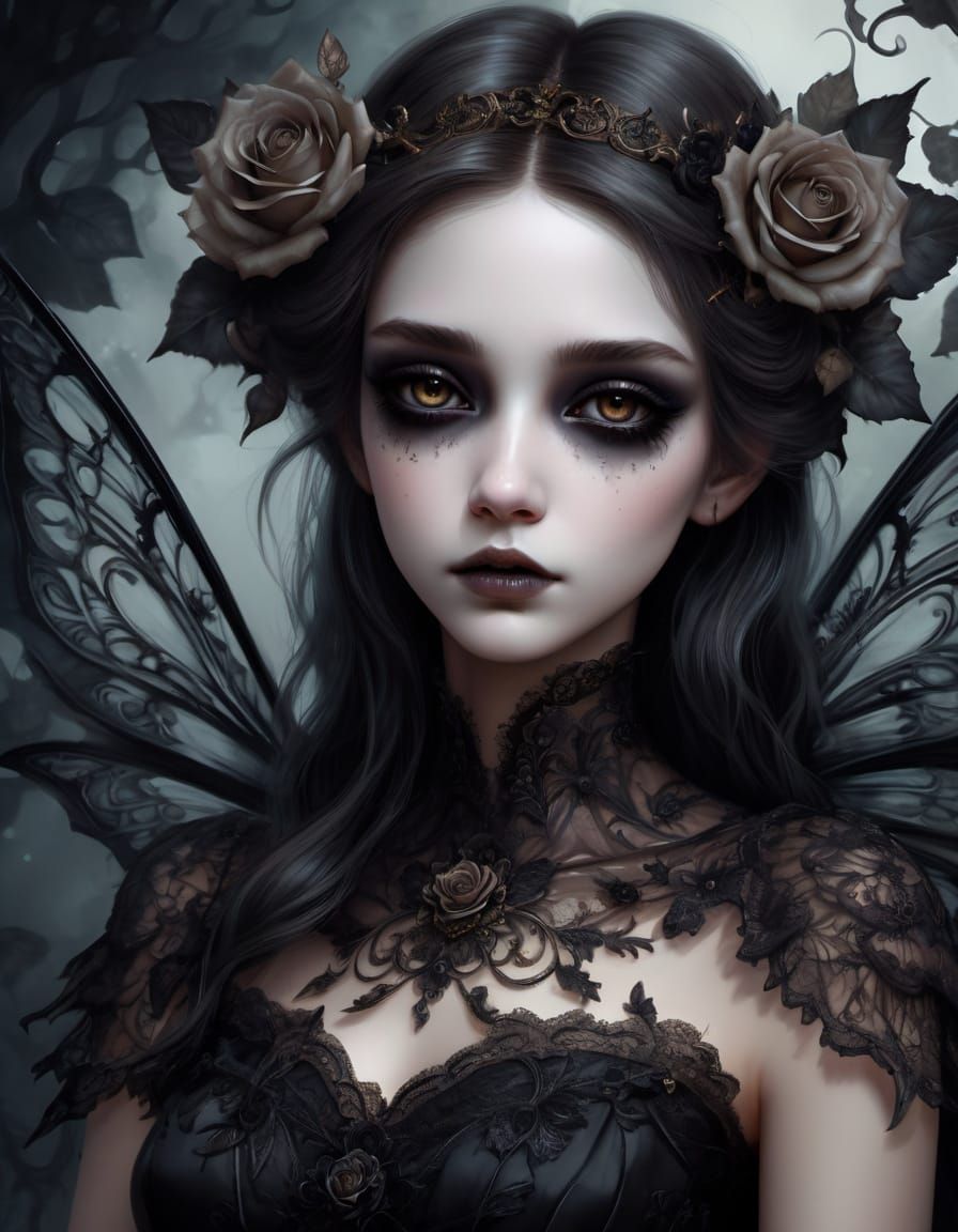 Gothic Fairy with Black Roses Digital Painting