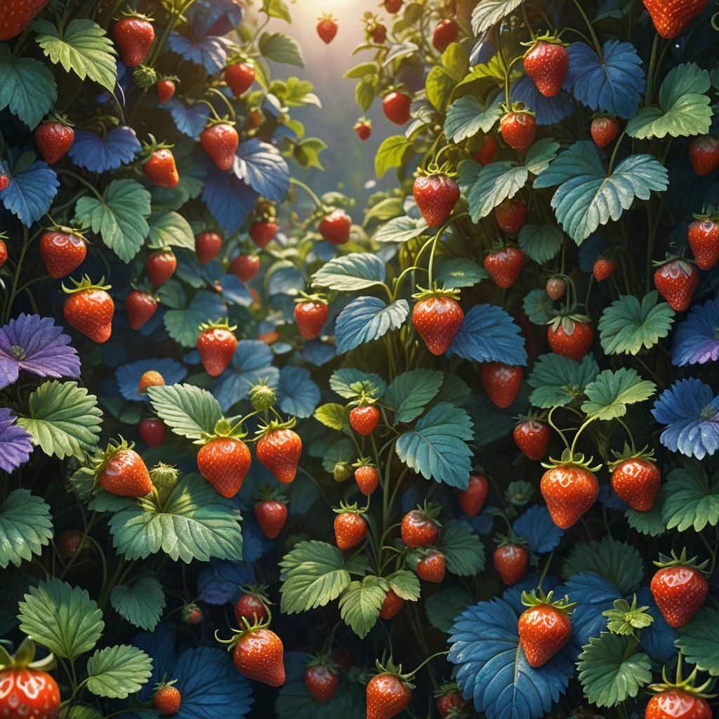 Crying Strawberry in Lush Garden: Fantasy Concept Art