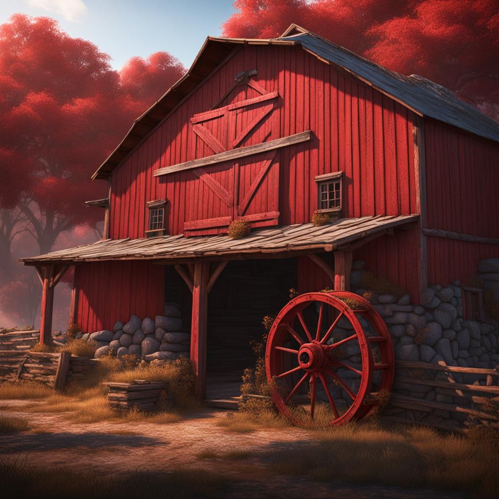 Red Barn Wheel in Detailed Matte Painting