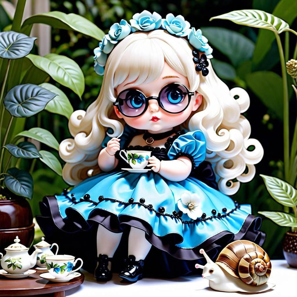 Delicate Chibi Doll in Snail Dress Having Tea