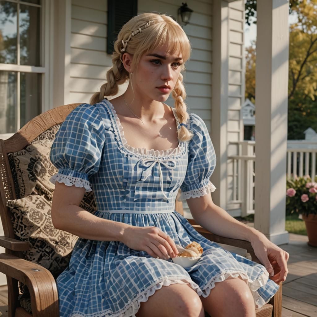 Crossdressing Bodybuilder Embroidering on a Porch