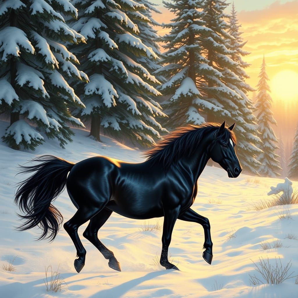 Majestic Black Stallion in a Snowy Winter Wonderland
