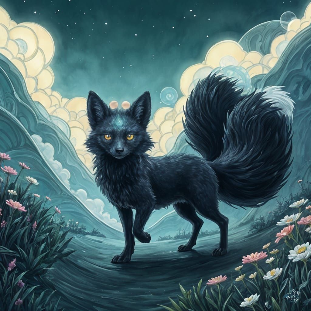 Mystical Black Fox in Dreamlike Alien World