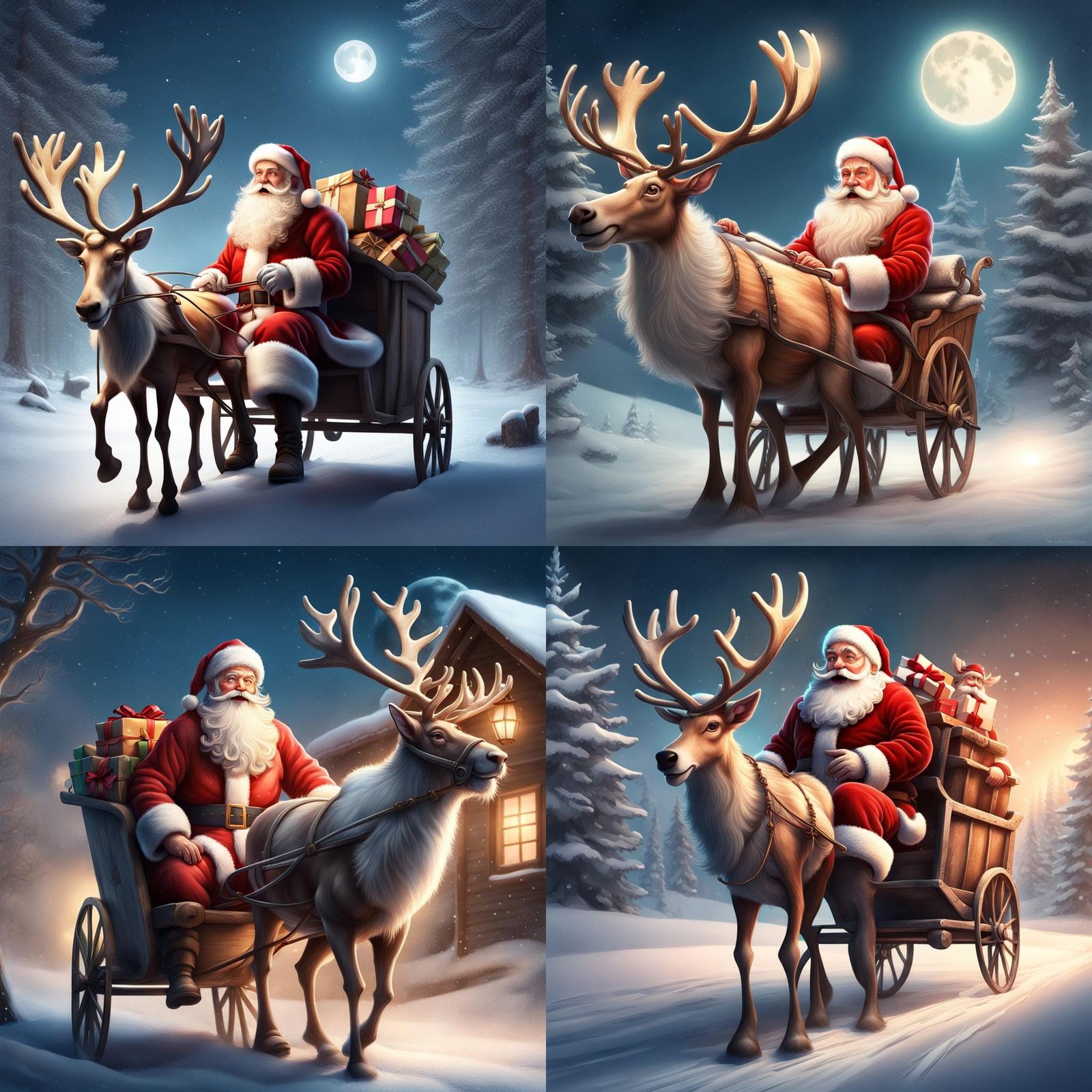 Santa Claus Rides Reindeer Cart in Fantasy Art Style