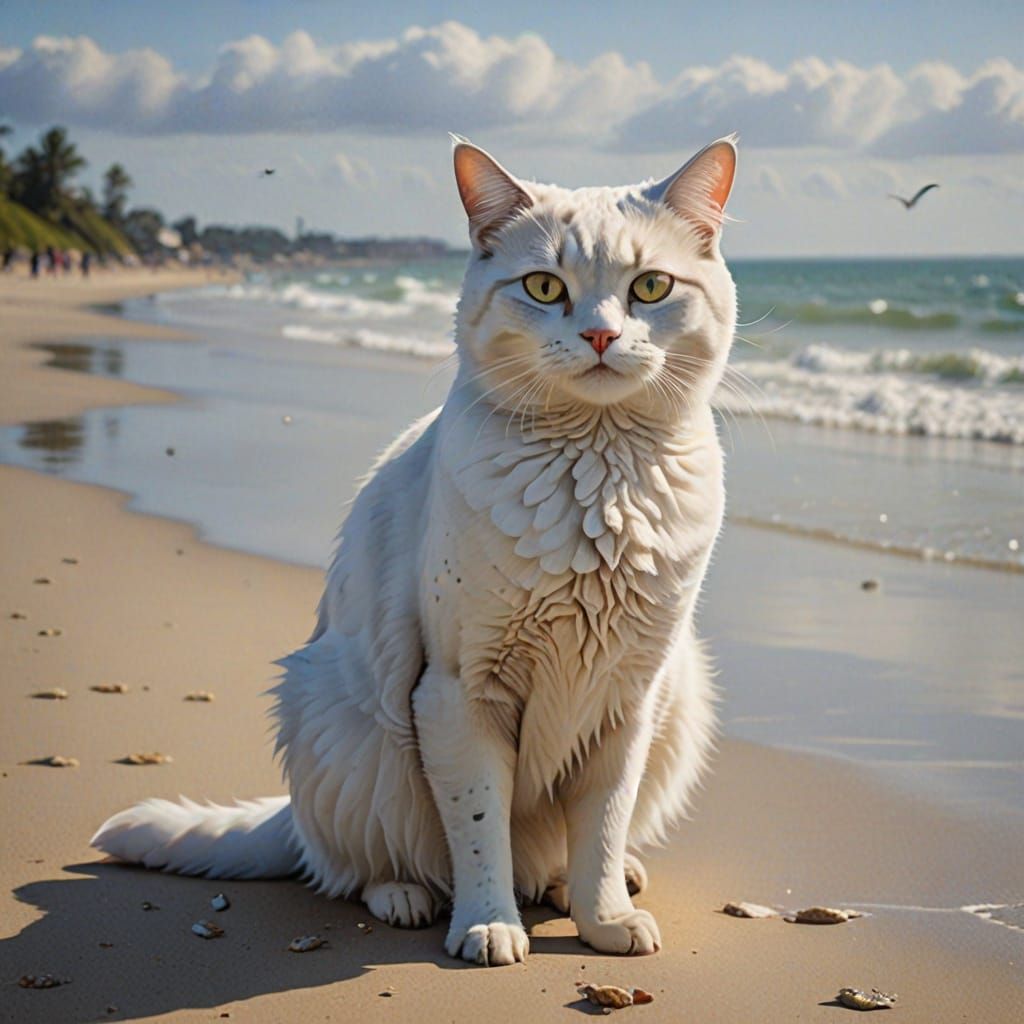 Surreal Seagull Cat on the Beach