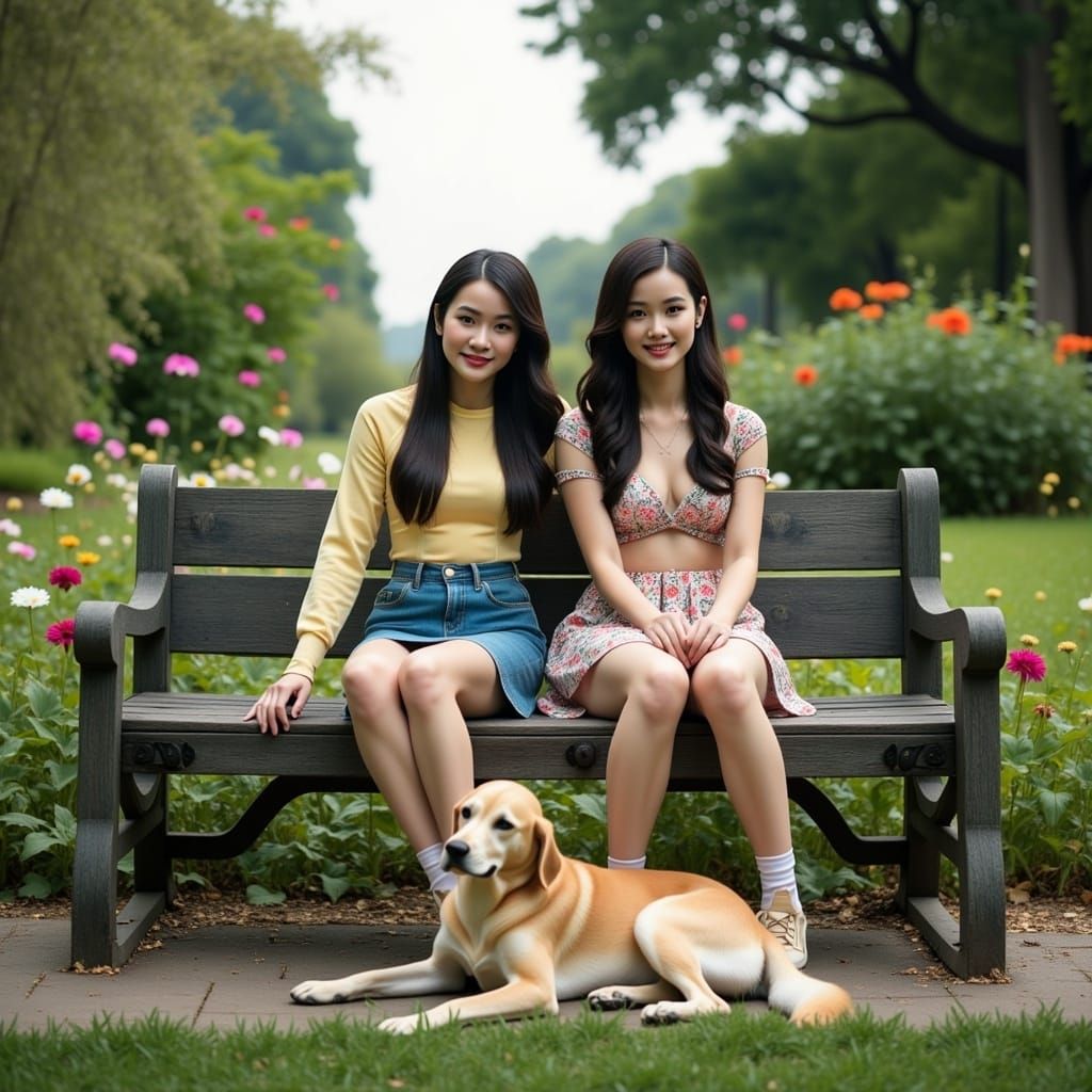 Friends on Park Bench in 80s Supermodel Style
