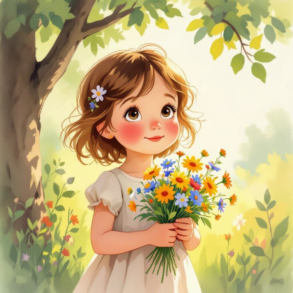 Whimsical Watercolor Girl with Wildflowers in Golden Hour