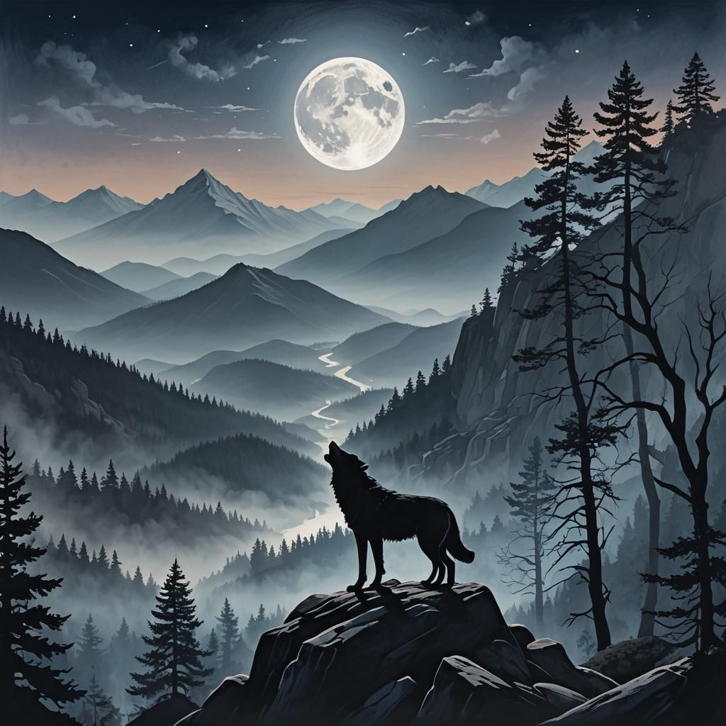 Wolf Howling at Moon in Romantic Landscape