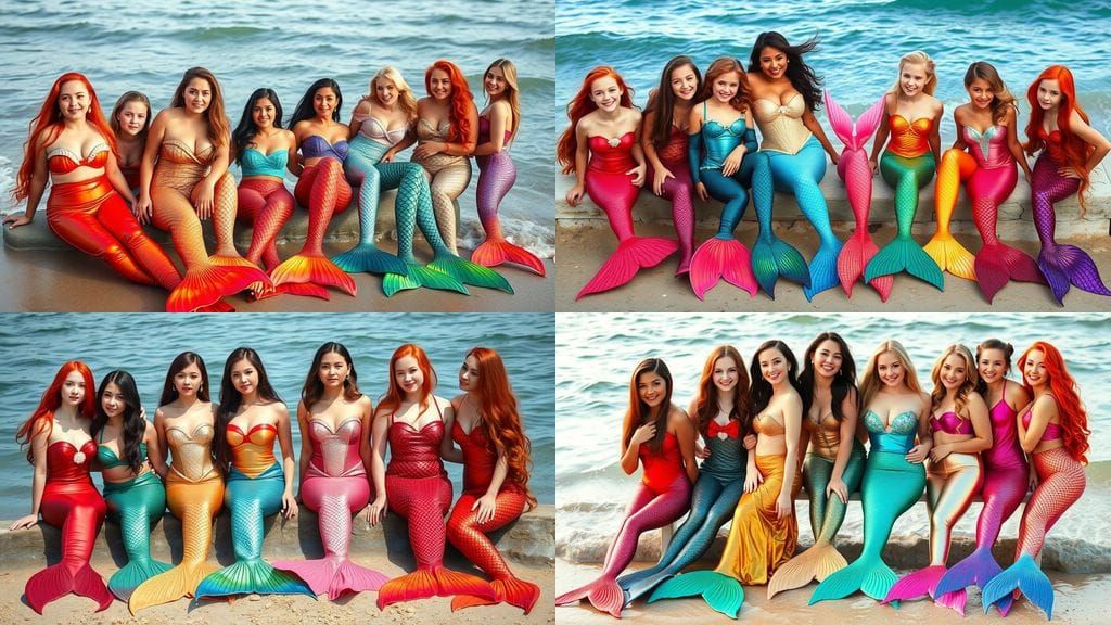 Six mermaids are sitting closely together along the shorelin...