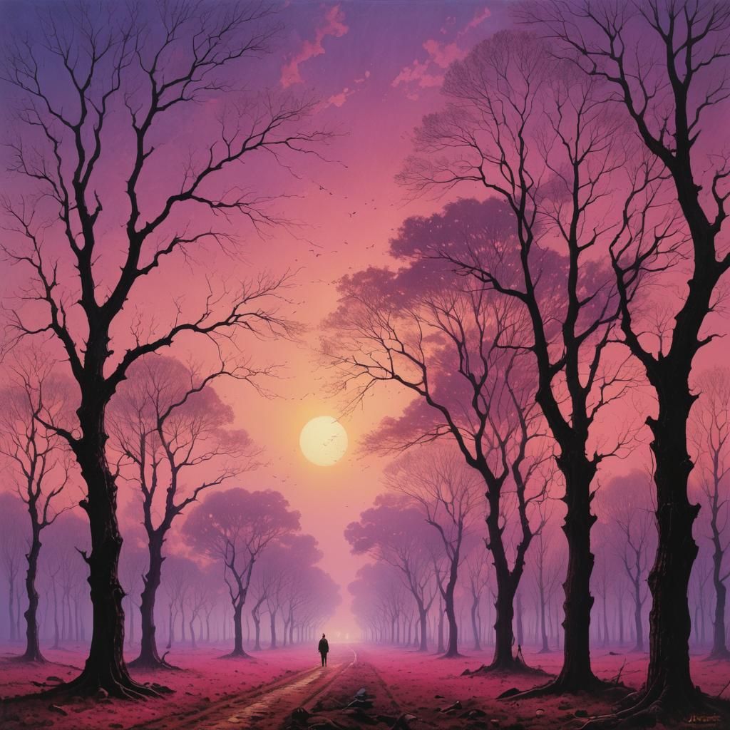 Surreal Sunset Landscape in Gothic Sci-Fi Style