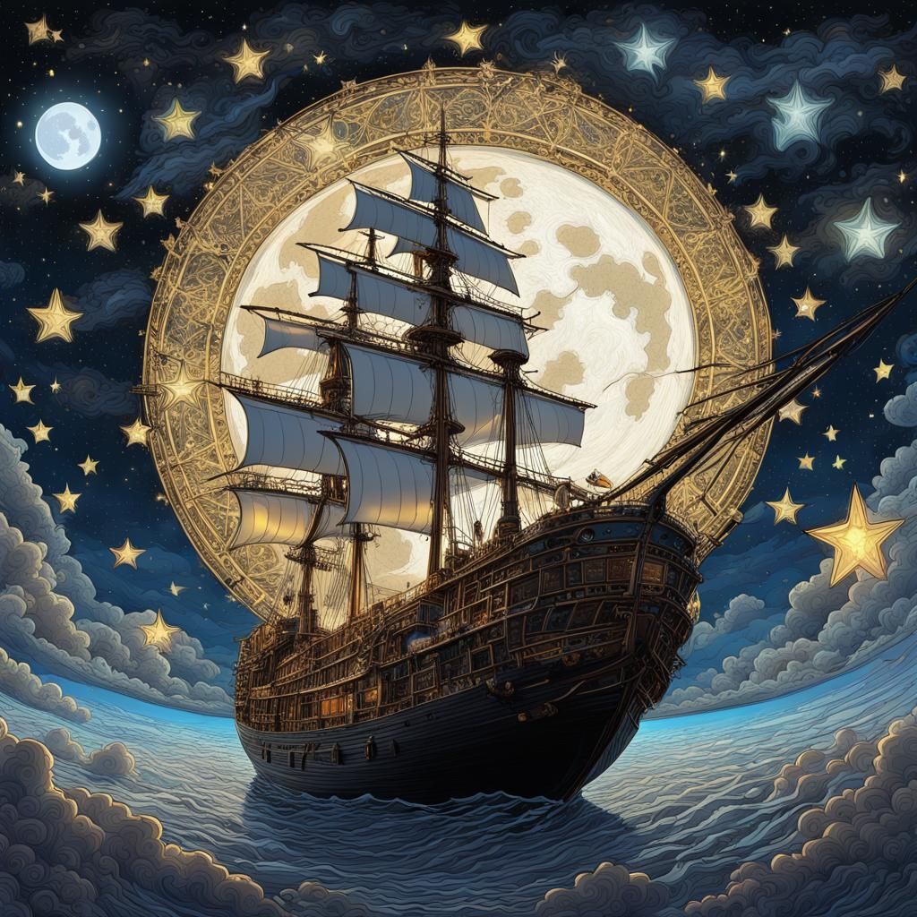 Ship Sails Past Moon in Surreal Digital Art