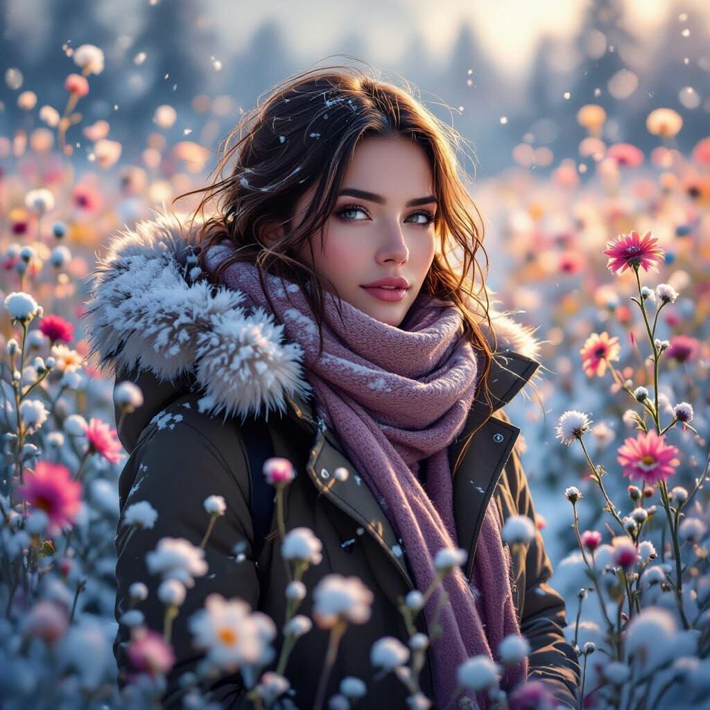 Woman in Wildflowers Amidst Snowy Landscape