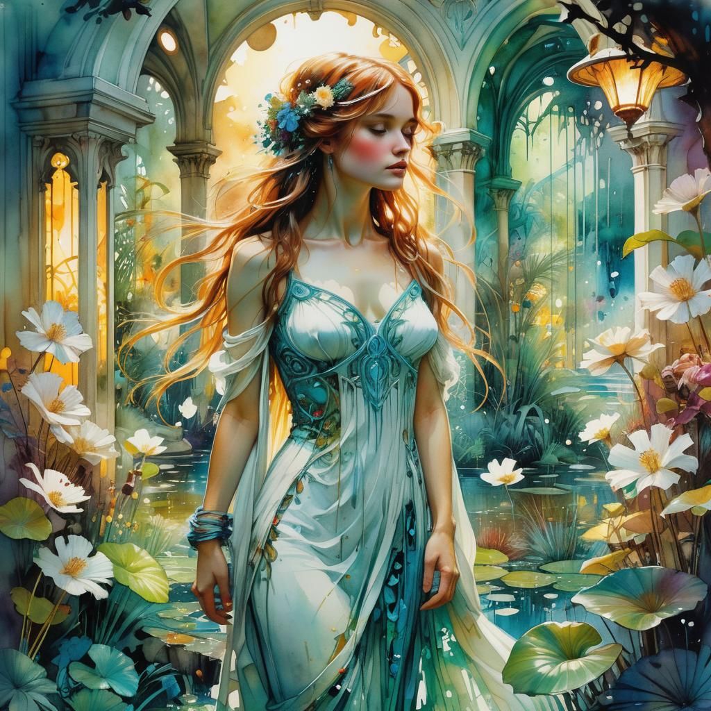 Enchanted Night Garden in Art Nouveau Watercolor