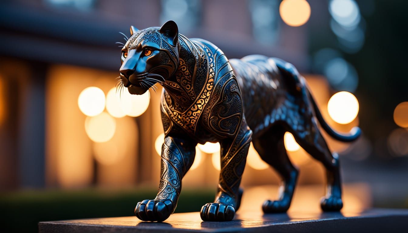 Damascus Steel Panther Sculpture in Cinematic Style