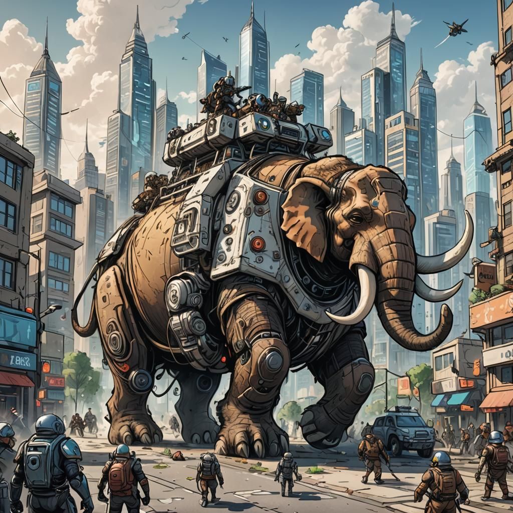 Doodle Robot Archers Ride Mammoths in Cityscape