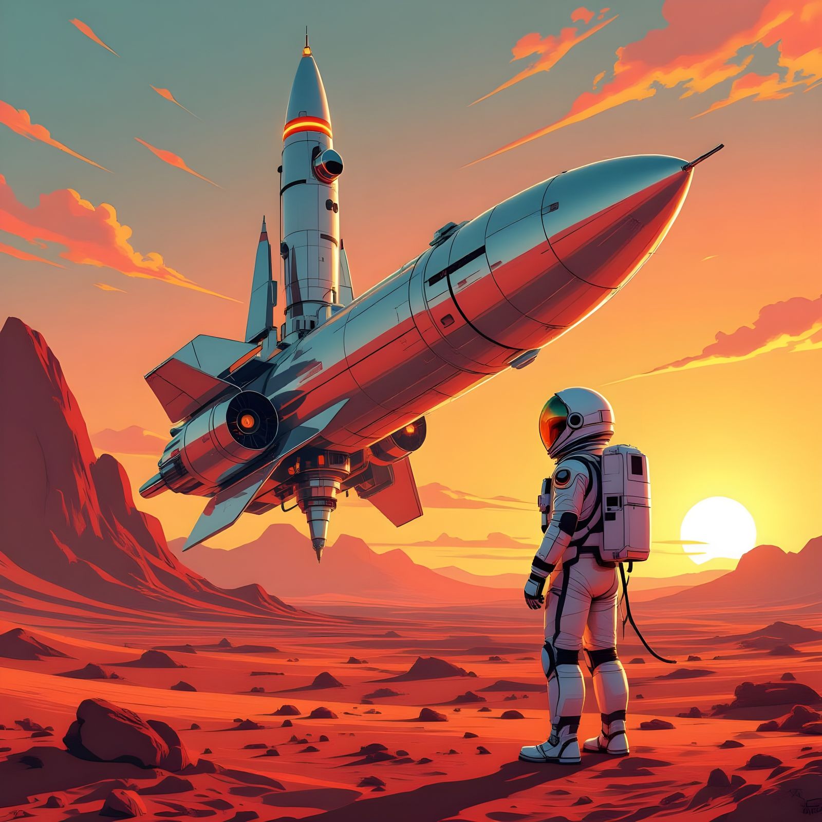 Astronaut on Mars Gazing at Retro Rocket