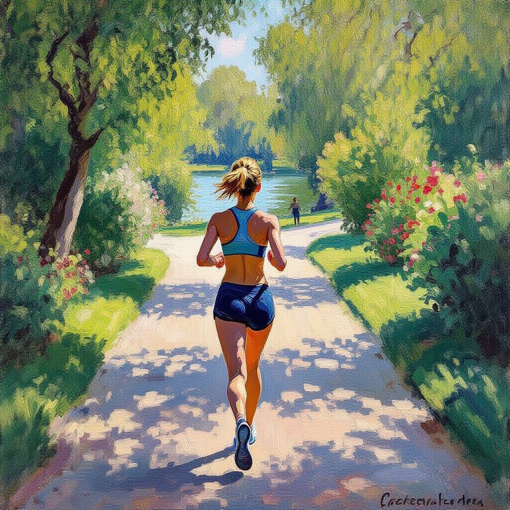 Woman Jogging in Impressionistic Style Park