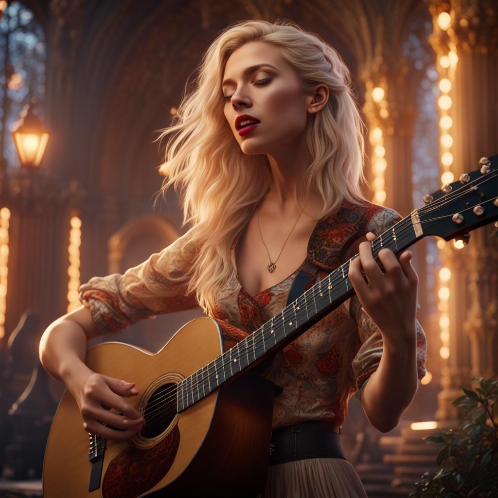 Blonde Woman Singing and Playing Guitar