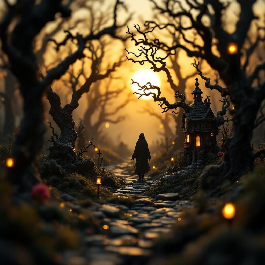 Creepy Miniature Garden at Sunset in Burtonesque Style