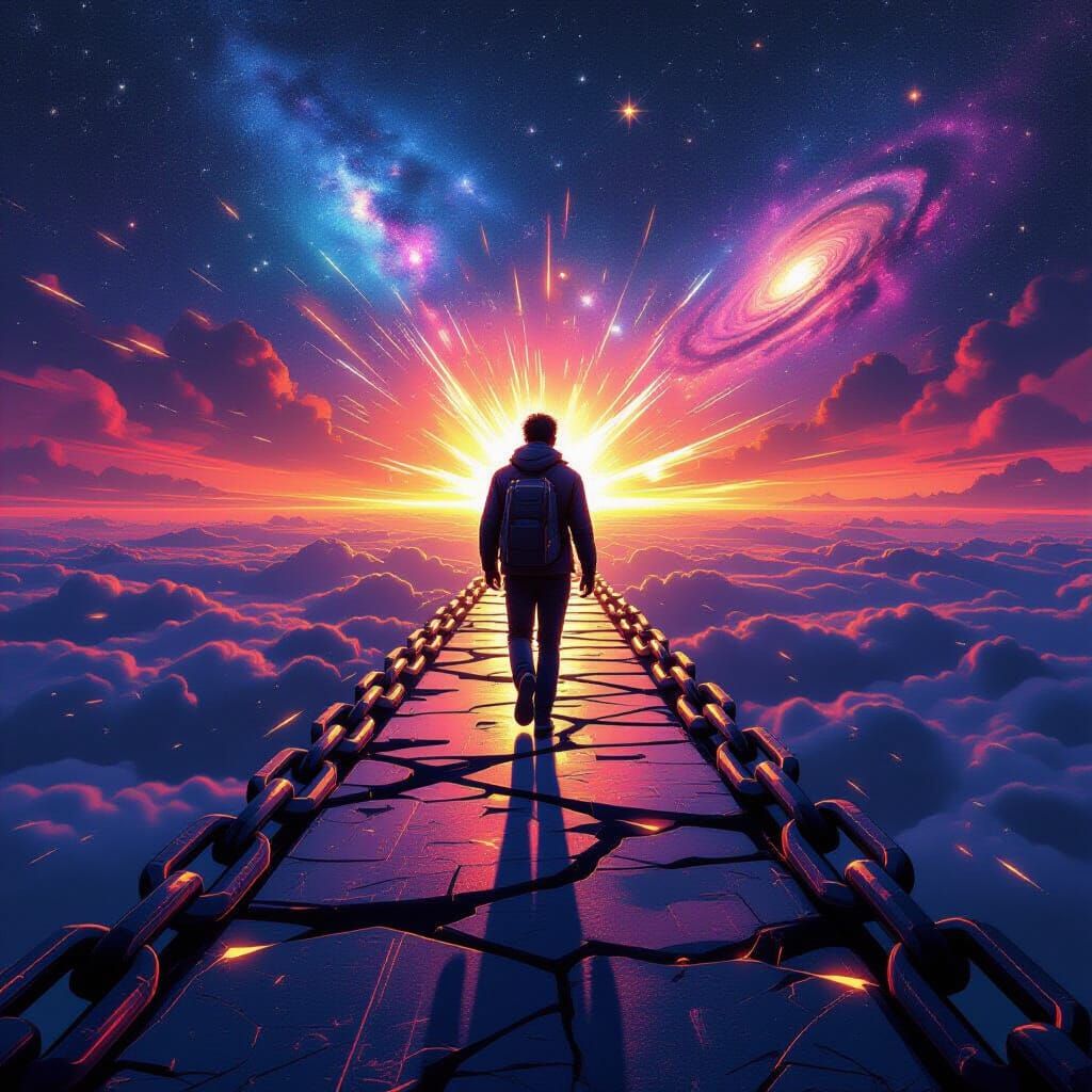 Person Walks Glowing Chain Path Under Cosmic Sky