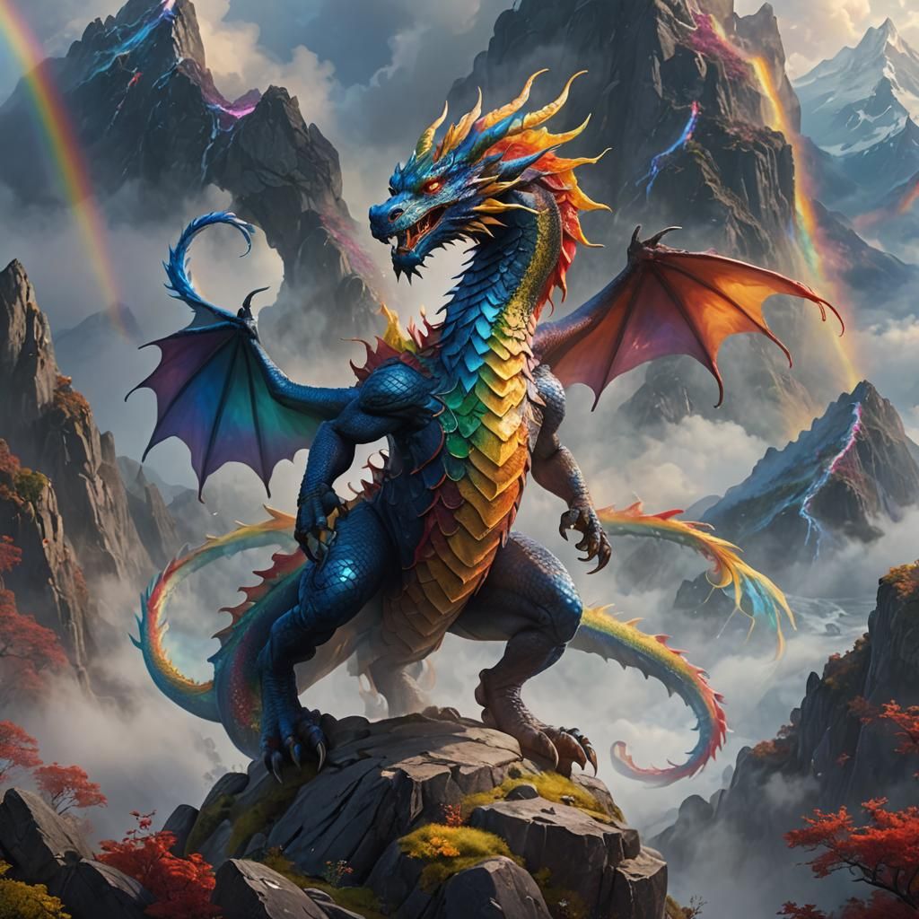Rainbow Dragon on Misty Mountain: Fantasy Art