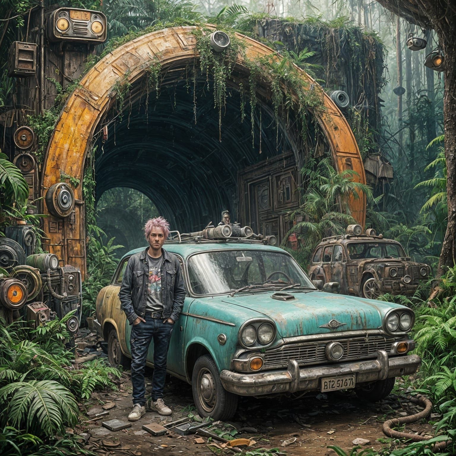 Punk Inventor and Apocalyptic Car in Oil Painting