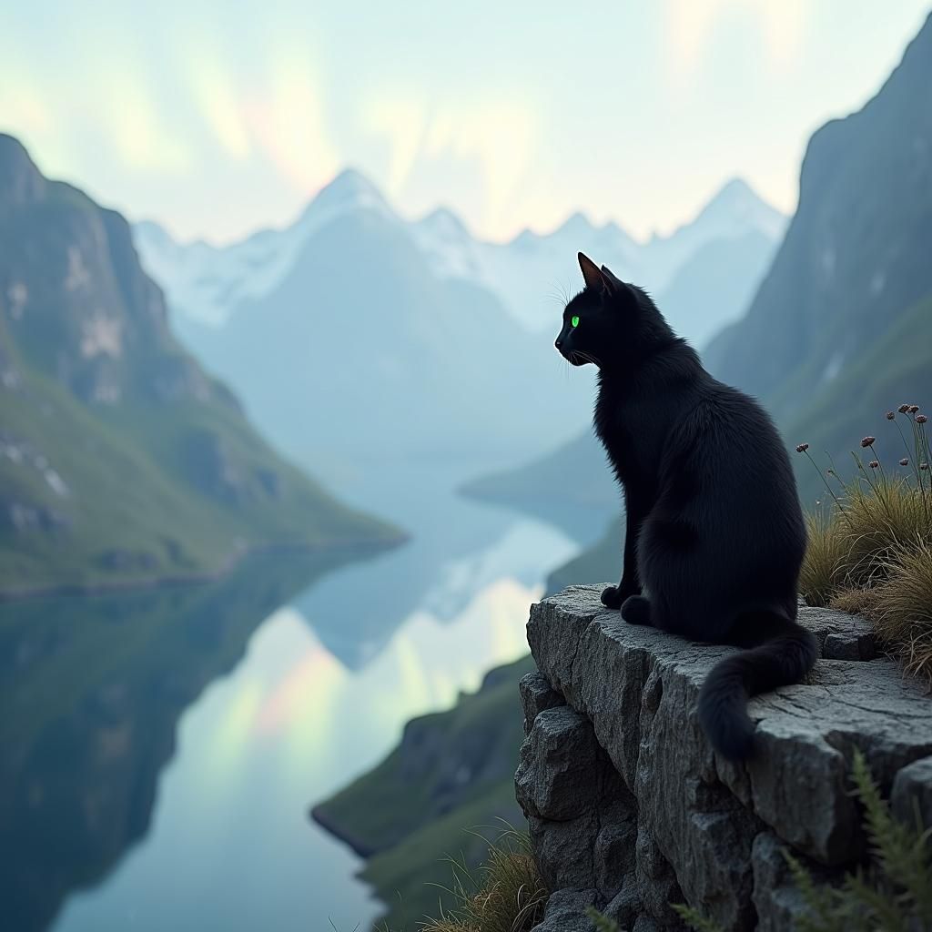 Black Cat and Dragon Under Aurora Borealis