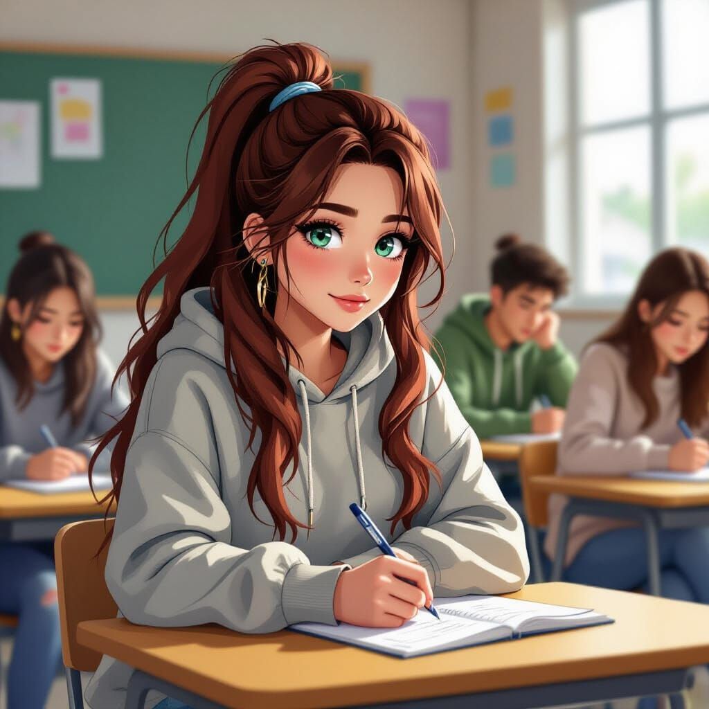 Anime Student Taking Notes in Class