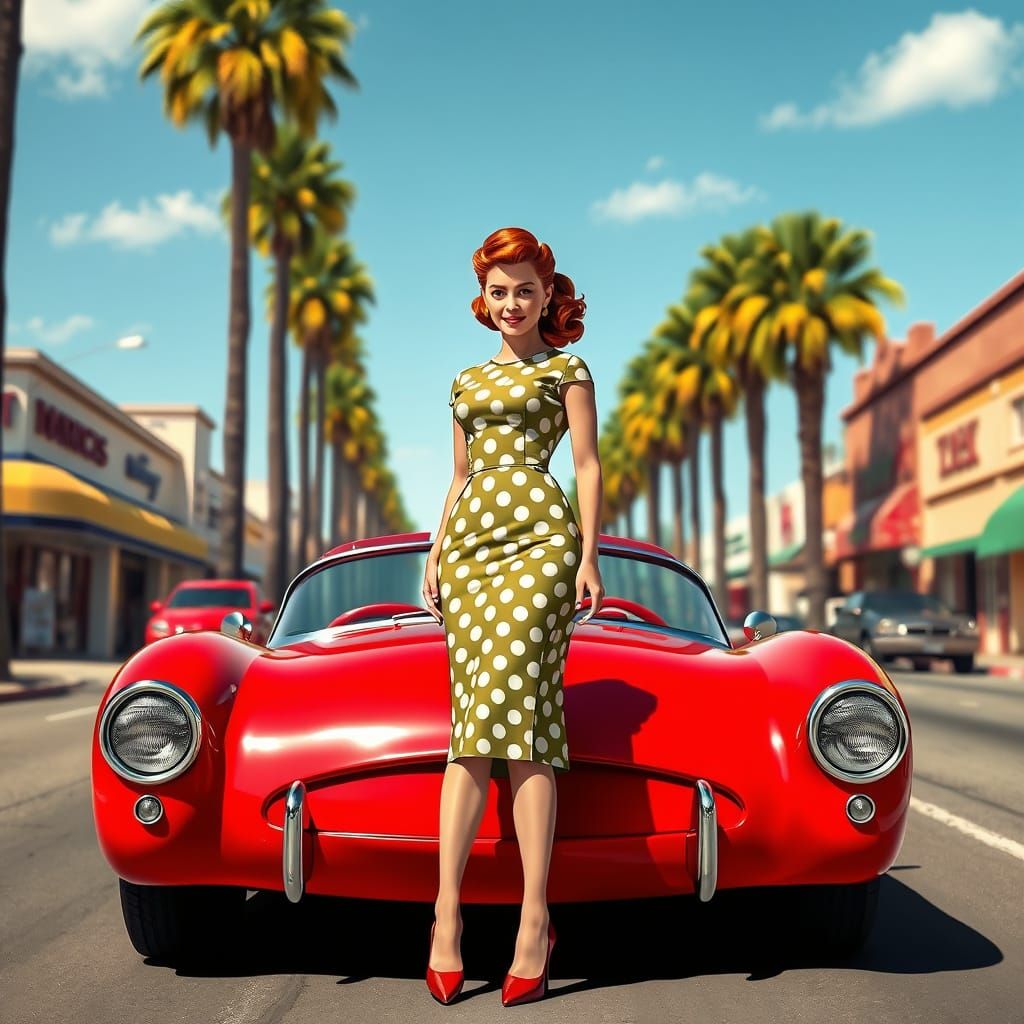 Vintage Redhead Siren Poses with Cherry Hot Rod in Retro LA