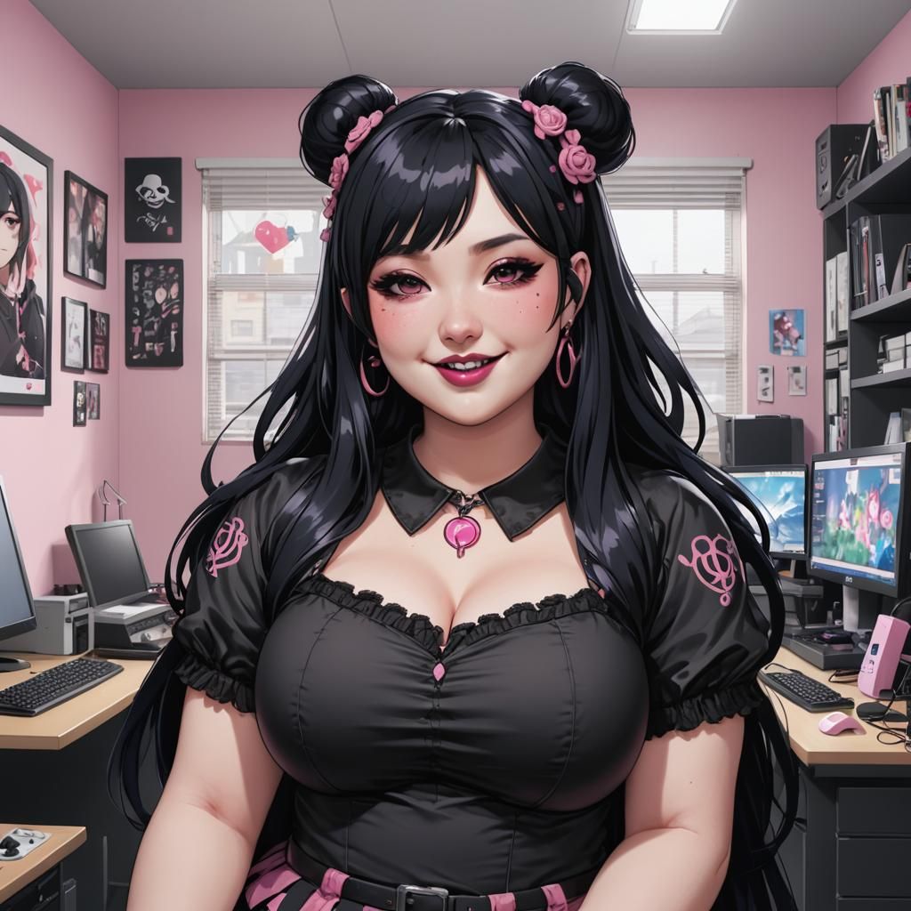 Curvy Goth Trans Woman Portrait in Anime Style