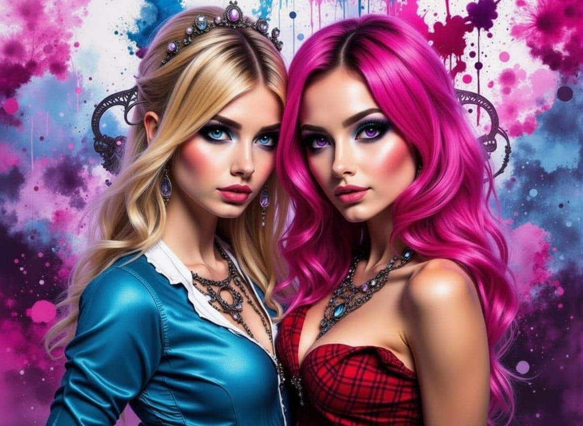 Two Women Friends in Luminous Ink Splatter Style