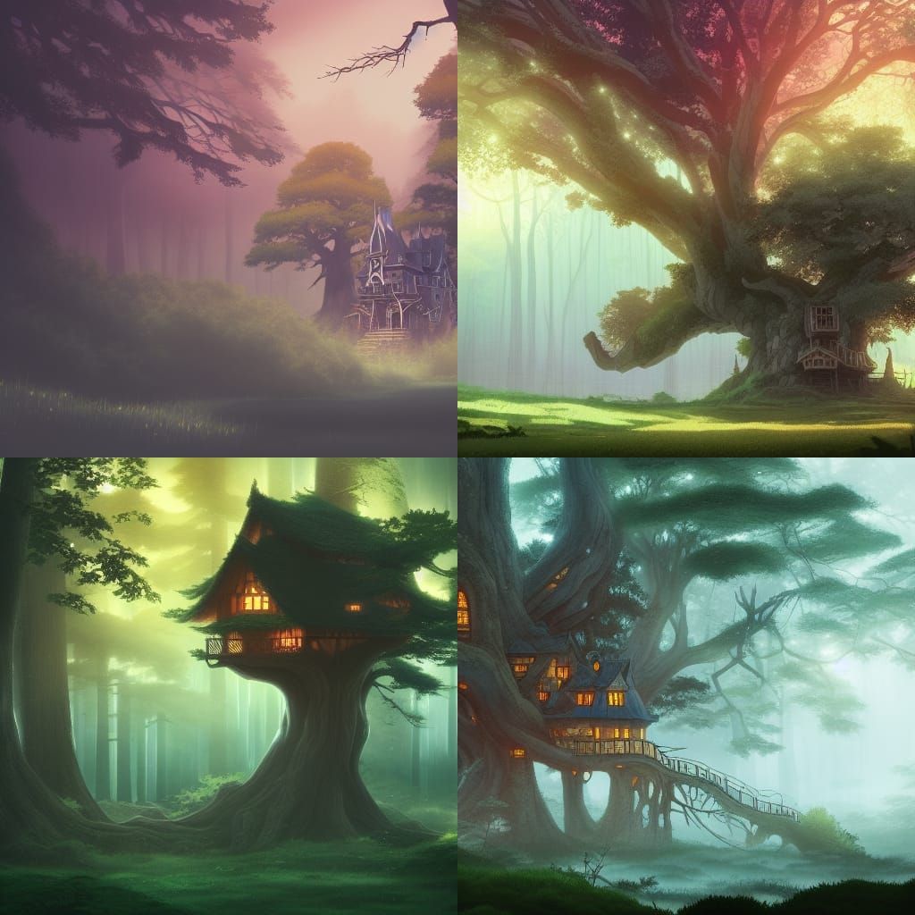 Ethereal Treehouse Castle in Ghibli Anime Style