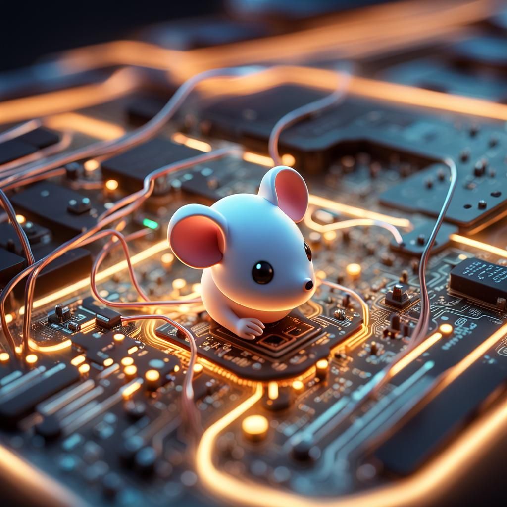 Cute Chibi Circuit Mouse on Computer Board in 3D