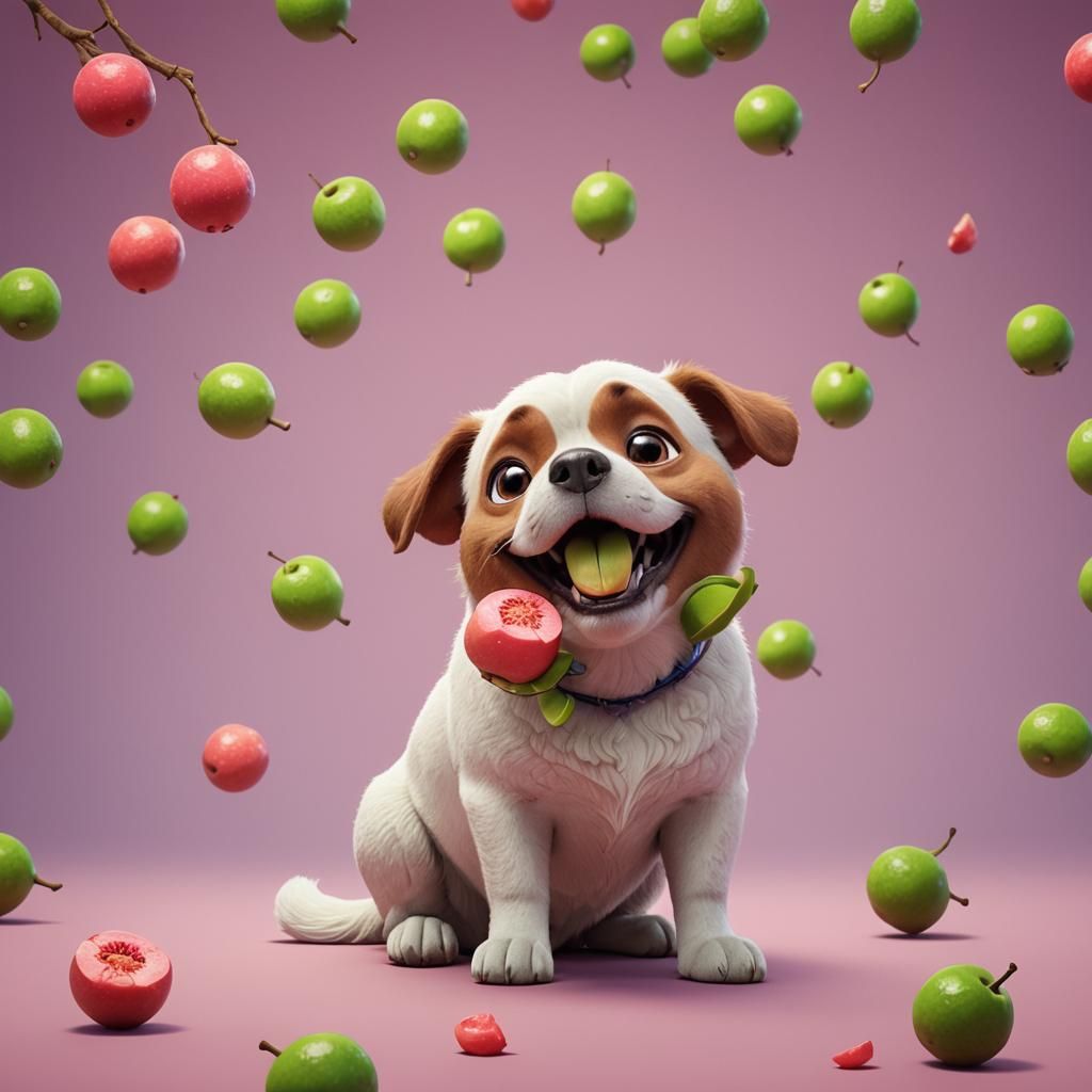Dog Eating Guava in 3D Digital Art Style