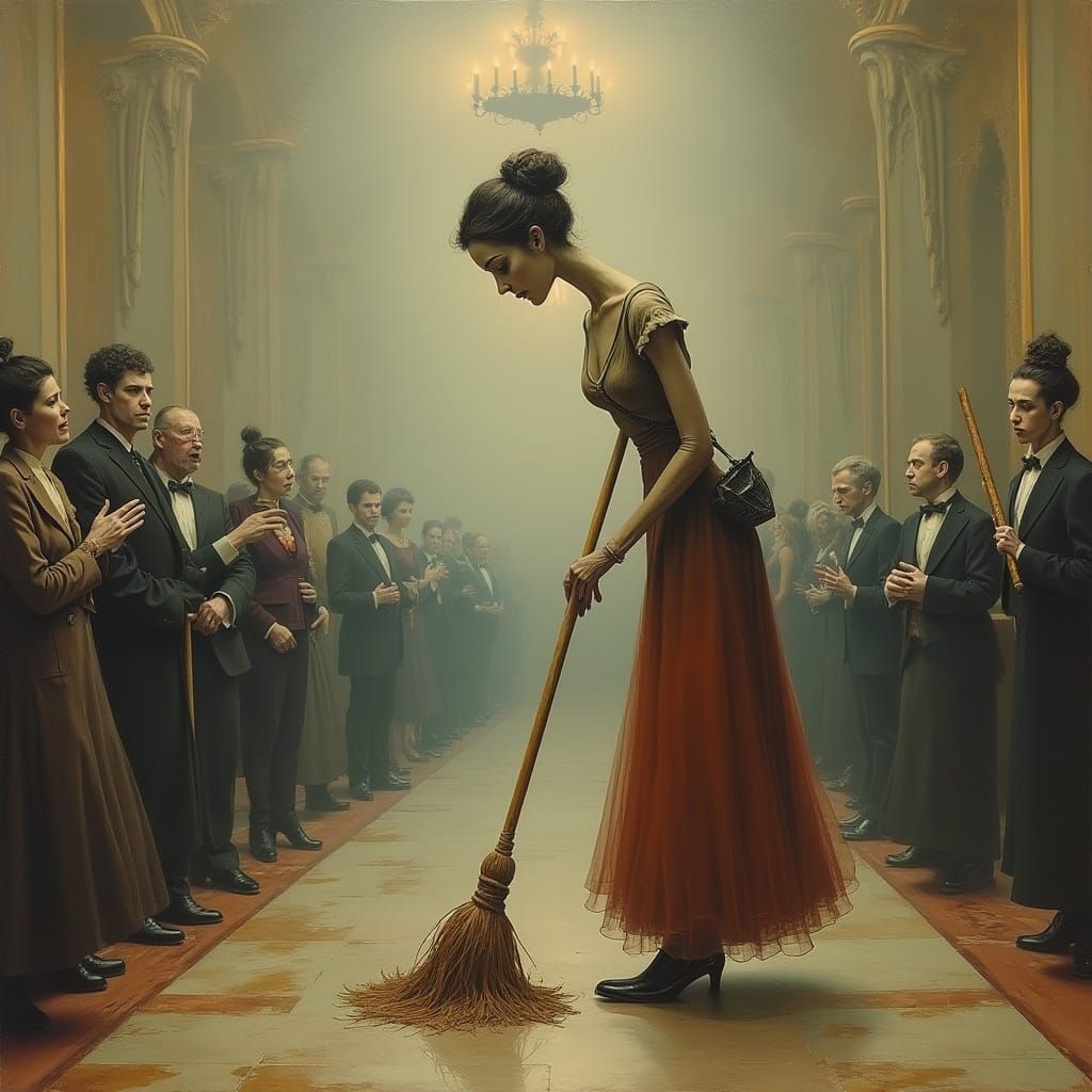 Surreal Sweeper in Grand Hotel Lobby Painting