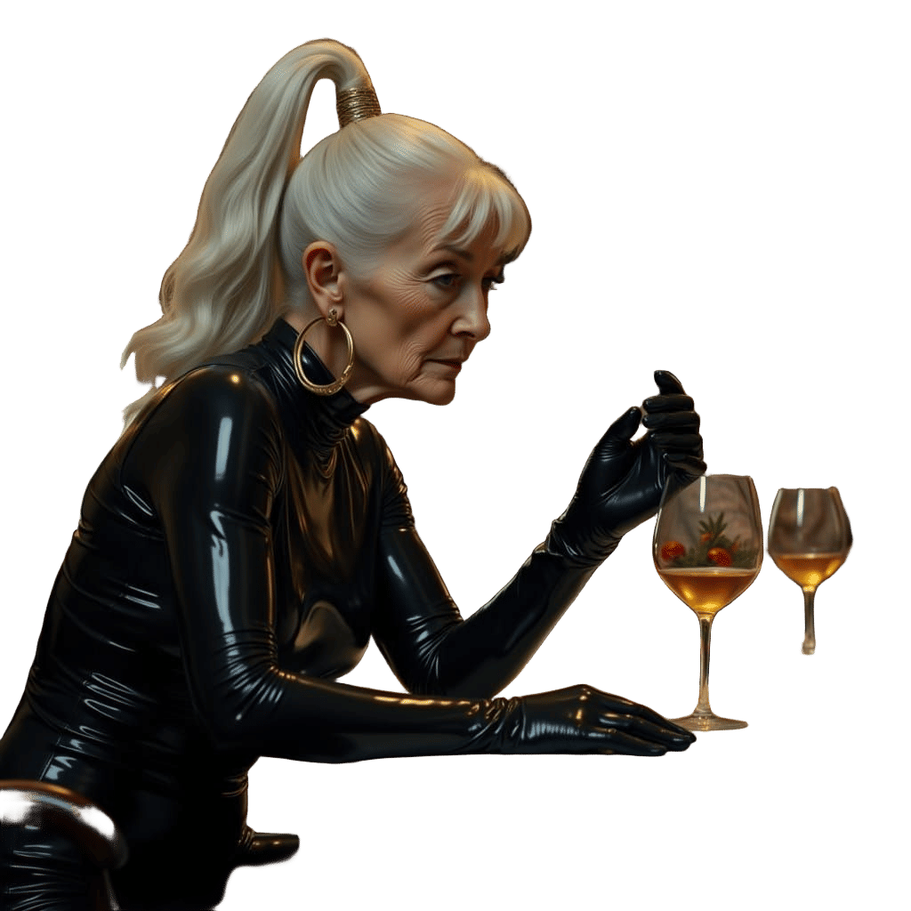 Elegant Elderly Woman in Black PVC Dining with Couple